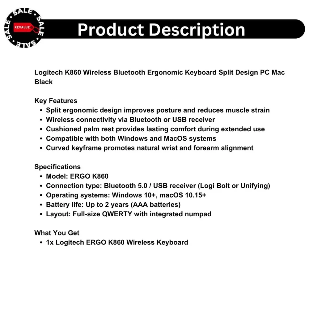 Logitech‎ K860 Wireless Bluetooth Ergonomic Keyboard Split Design PC Mac Black